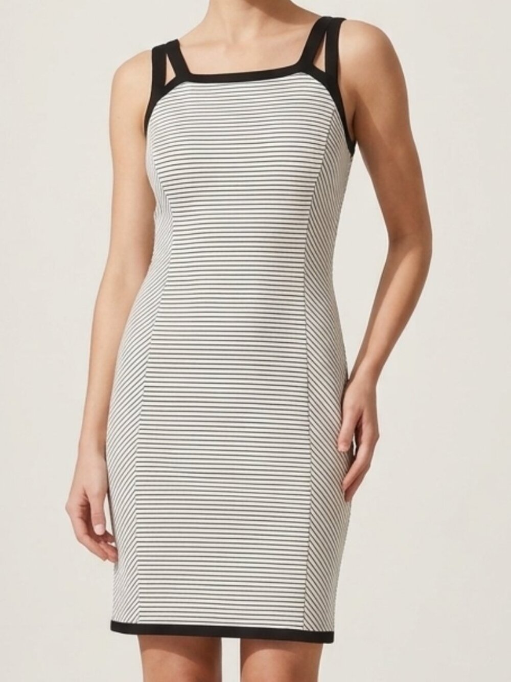 Adrianna Papell Black & White Striped Geometric Back Sheath Dress Sz 6